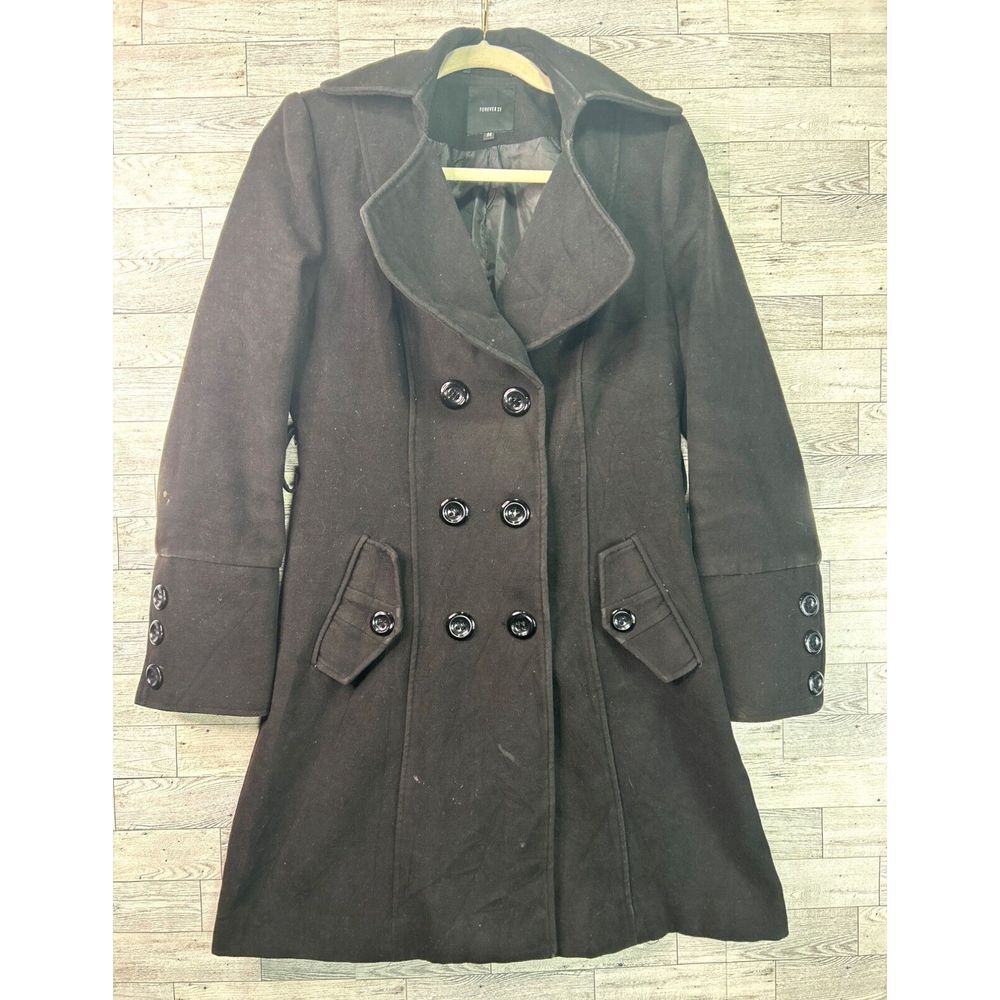 Forever 21 Black Double-Breasted Wool Blend Peacoat Coat Jacket‎ Size Medium